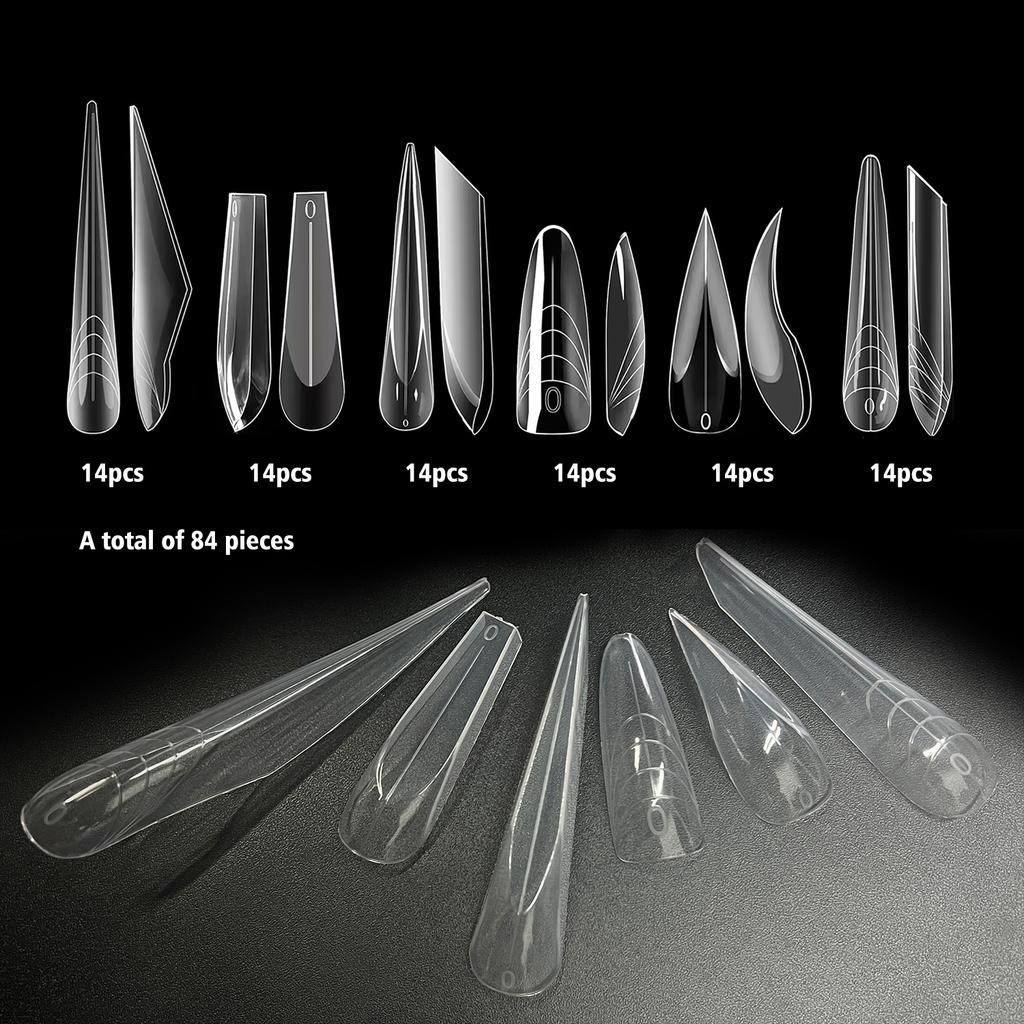 6-in-1 Clear Nail Dual Forms Full Cover Poly Extension Gel Nail Mold Curved Stiletto Acrylic Nail Top Forms Manicure Tools 84pcs
