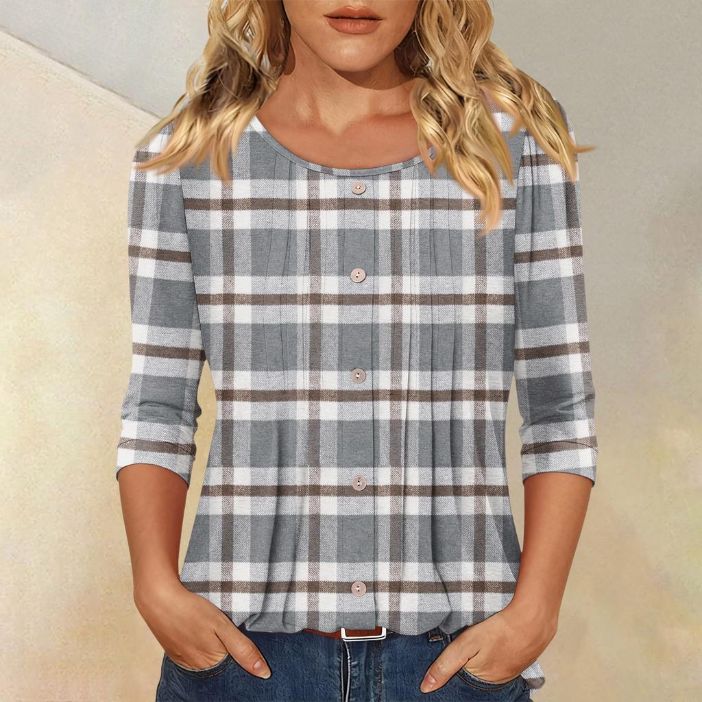 Damen Modisches Lässiges Dreiviertelarm Knopf Kariert Gestreift Druck Rundhals Oberteil