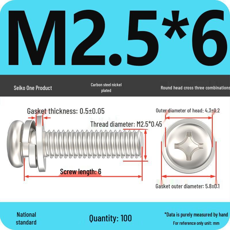 Nickel-Plated Phillips Pan Head Screw with Washer, M2-M6 Thread
