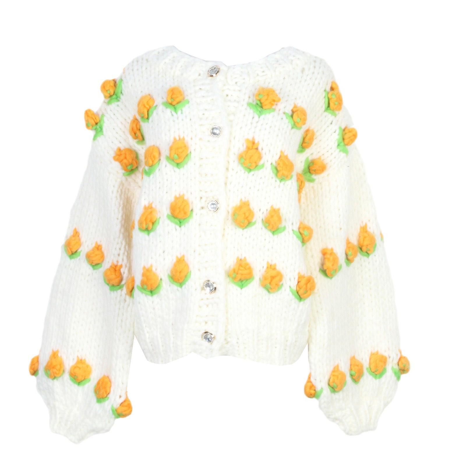 

Hand-Knitted Floral Loose Cardigan Sweater - Long Sleeve, Round Neck for Autumn and Winter Small
