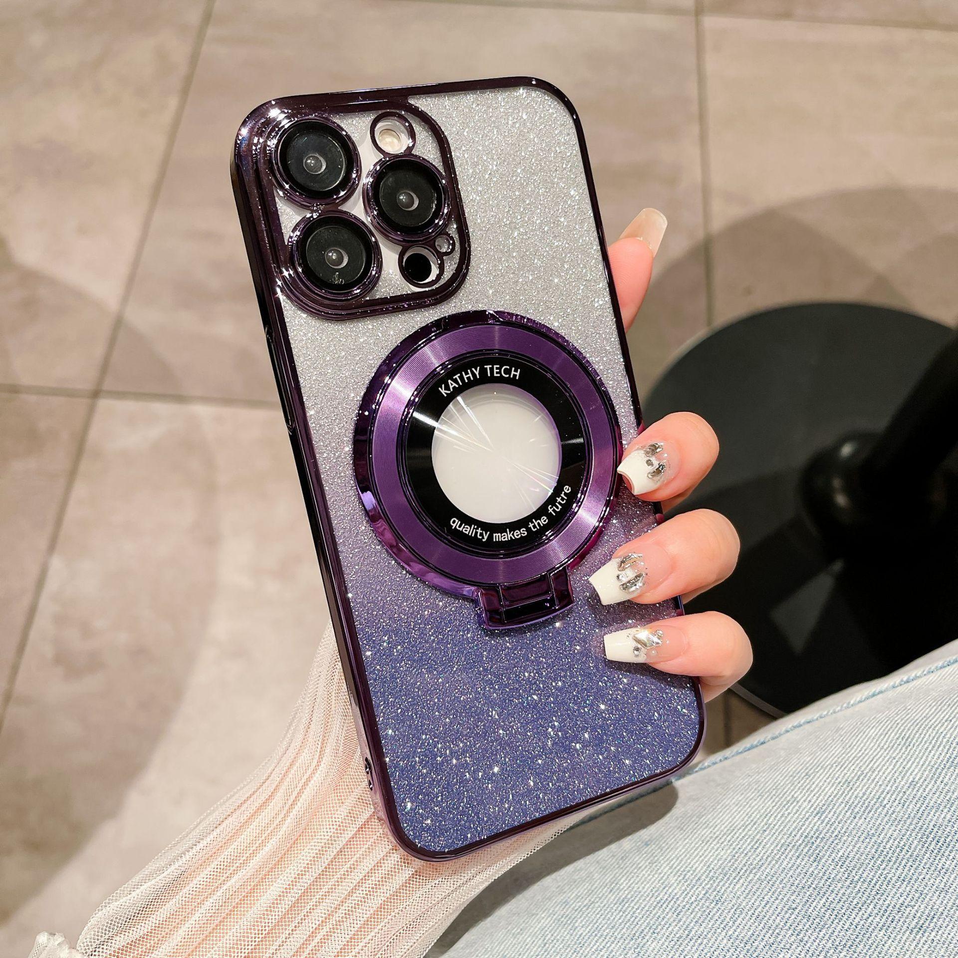 

Applicable To Apple 16 Flash Powder Mobile Phone Case Magnetic Suction Bracket IPhone 15 ProMax Electroplated PC Anti Fall 14 Protective Case iPhone16