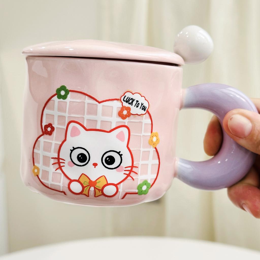 Small Fresh Cat Ceramic Cup for Home Use High Value Cartoon Mug with Cover Spoon Wedding Souvenir Gift Cup