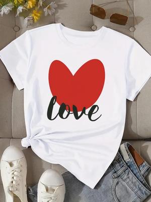 (Asian Size) Woman Print Tee Top Women Letter Love Heart Clothing T Shirt Fashion Female Short Sleeve Graphic T-shirts