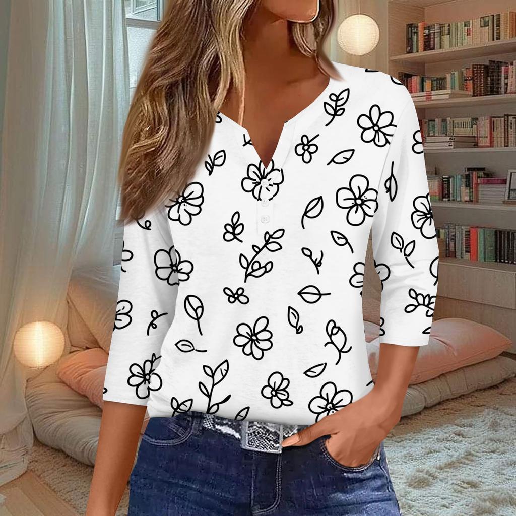Damenmode Lässiges T-Shirt mit Blumendruck, V-Ausschnitt, dekorativen Knöpfen und Dreiviertelärmeln