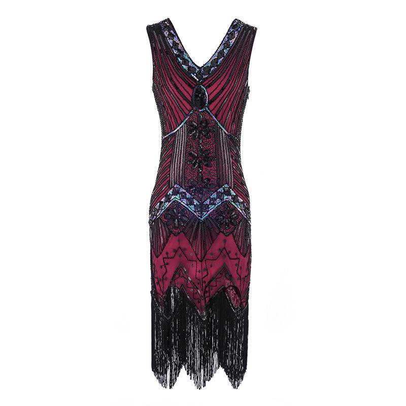 Retro Sequined Beaded Dress Front and Rear Deep V-neck Fashionable Fringed Dress, Popular Evening Dress