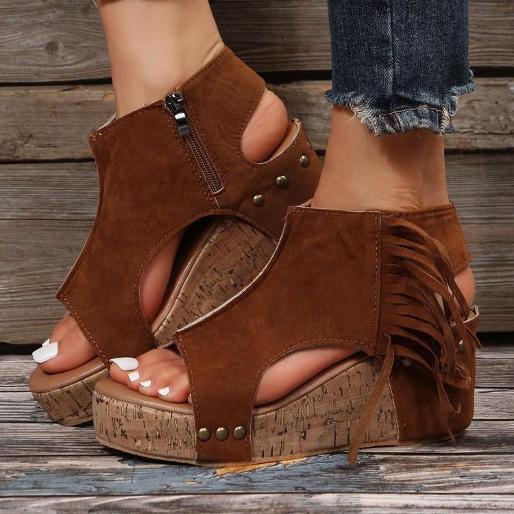 2023 Sommer Fransen Nieten Keilabsatz Sandalen: Damen Wasserdichte Plateau-Schuhe mit Hohlkehle und Hohem Absatz, Fischmaul, Übergrößen Verfügbar