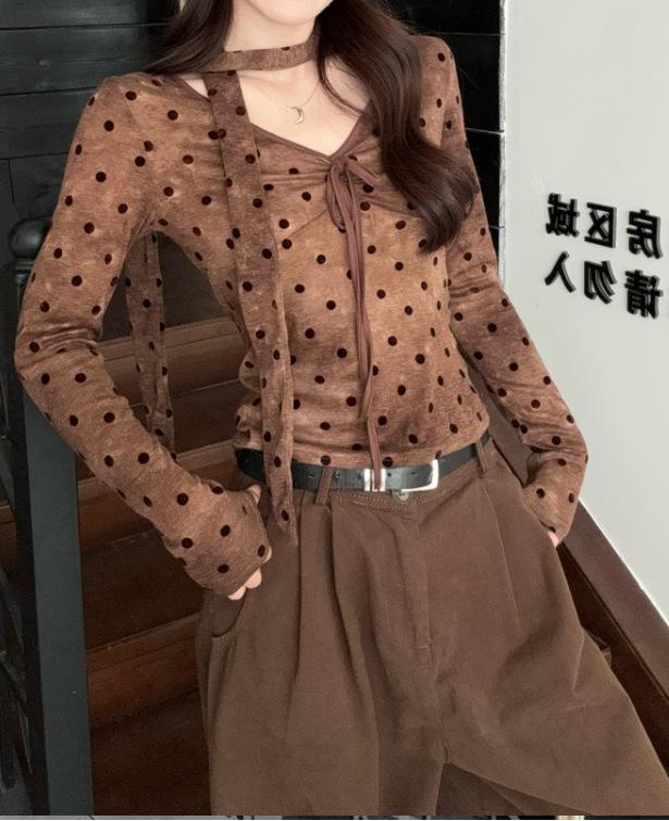 Retro Polka Dot V-Neck Long Sleeve T-Shirt for Women - Coffee Color, Autumn Chic, Slimming Design Large