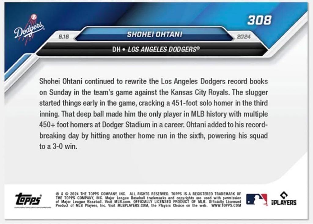 Topps 308 Shohei Ohtani Dodgers First Home Run Commemorative Card at Dodger Stadium Back-to-Back