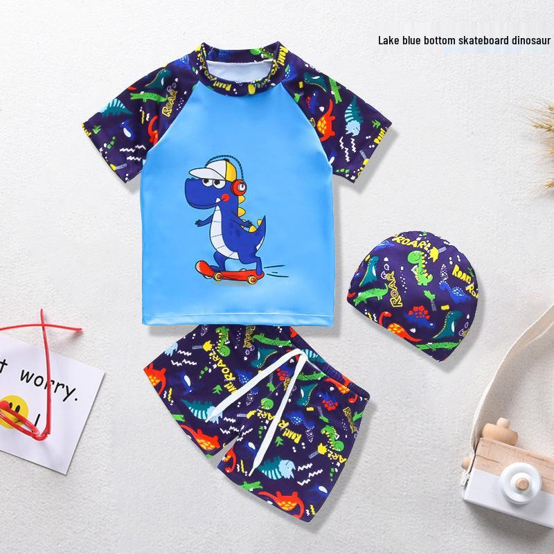 Cartoon Boys' Toddler Sun Protection Quick-Dry Swimsuit Set with Swim Cap