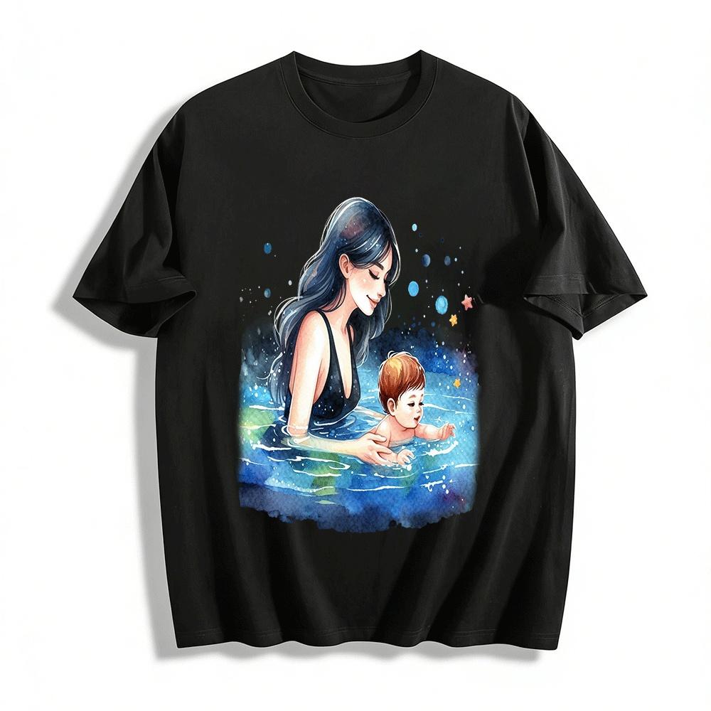 Warm Parent-child Swimming Printed Adult T-shirt Pure cotton T-shirt XXS