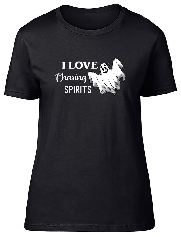 

Spooky Halloween Womens T-Shirt I Love Chasing Spirits Ghouls Ladies Gift Tee S
