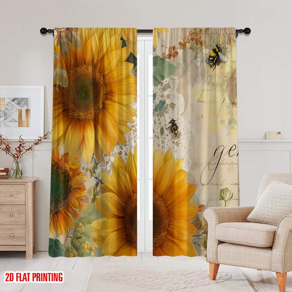 2 ks, 2D plošný tisk Závěsy Rolety Slunečnicová blaženost Polyesterová tkanina (bez tyče) Všestranné Vše pro Ložnici,