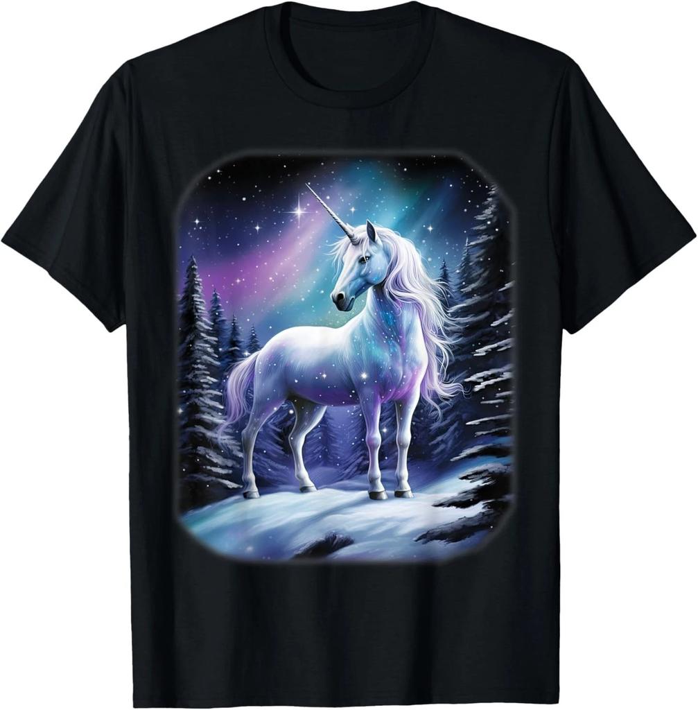 Fantasy white Unicorn standing in the snowy forest T-Shirt