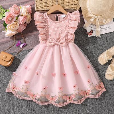 Kids Princess Dress Girls O Neck Wing Sleeve Bowknot Floral Print Embroidery Summer Sweet Birthday Party Clothing