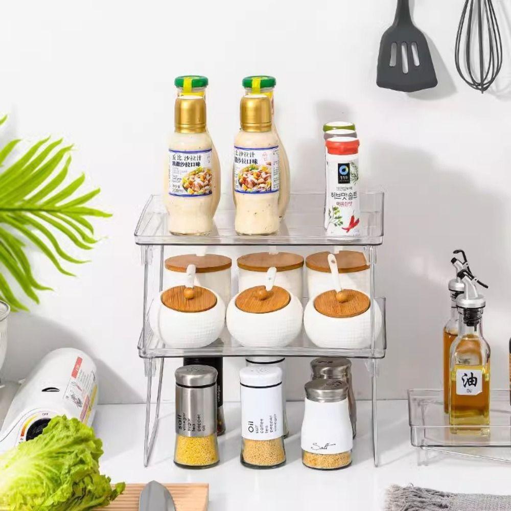 Space Saving Stackable Cabinet Organizer Shelf Foldable Transparent Table Sundries Rack Acrylic Storage Stand Kitchen