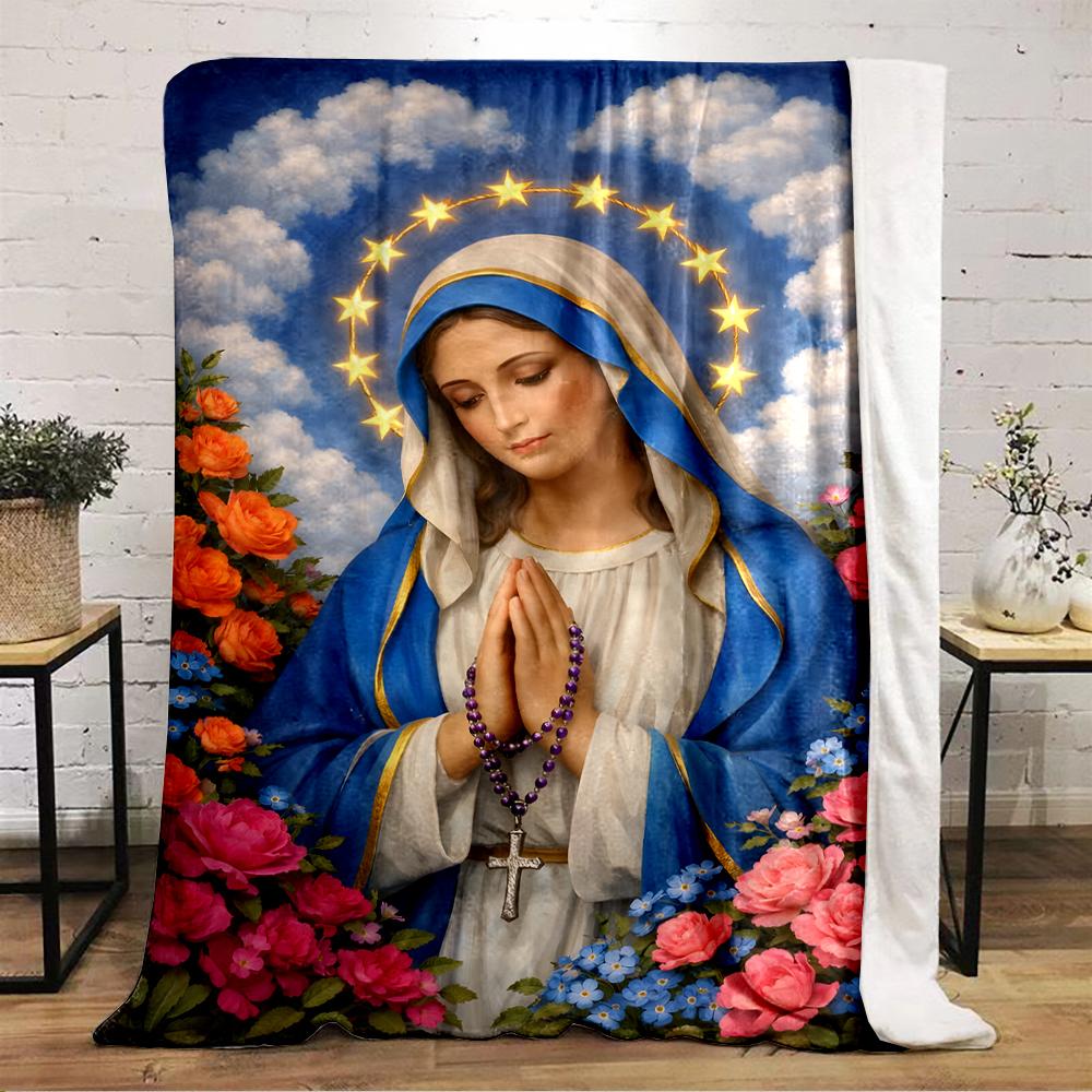 "Praying Virgin Mary with Rosary Design Blanket"Flannel Blanket for Bedroom, Living Room, Sofa, and Nap