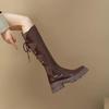 Design Sense Leather Round Toe Platform Knight Boots Women'S Vintage Rear Lace-Up Thick High Heel Thigh Boots