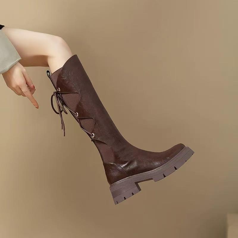 Design Sense Leather Round Toe Platform Knight Boots Women'S Vintage Rear Lace-Up Thick High Heel Thigh Boots
