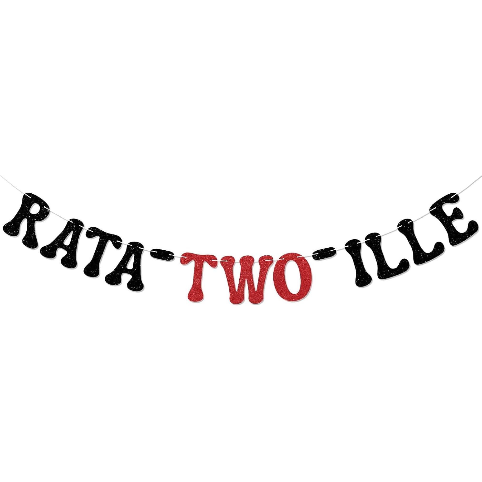 Rata-two-ille Banner - Cheers to 2 Years, Mouse Happy 2nd Birthday Decor, Ratatouille Kids 2nd Birthday Party Decorations Black & Red Glitter