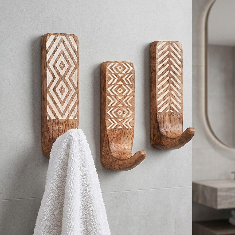 3pcs Wooden Wooden Wall Hooks Space Saving Home Organizer Heavy Duty Wall Hanging Hanger Porch