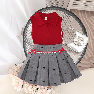 New Autumn and Winter Girls' Sleeveless Sweater Versatile Printed Pleated Skirt Pants Two-Piece Set