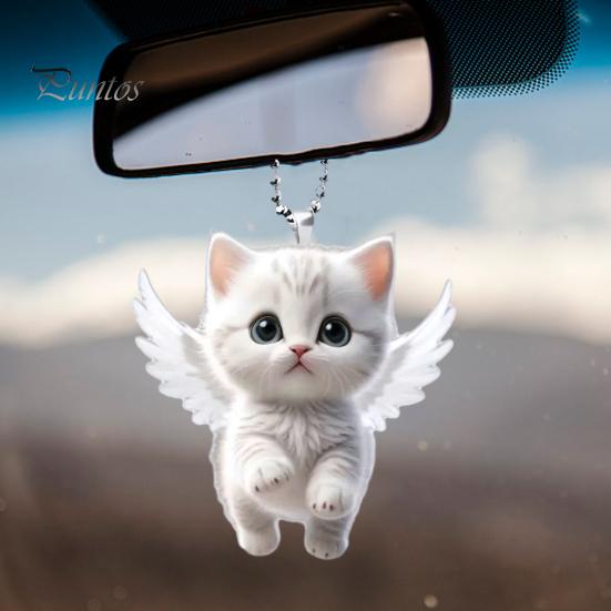 Angel Cat Pendant Rearview Mirror Ornament Car Decoration Cute White Kitten Pendant with Lanyard Whimsical Charm