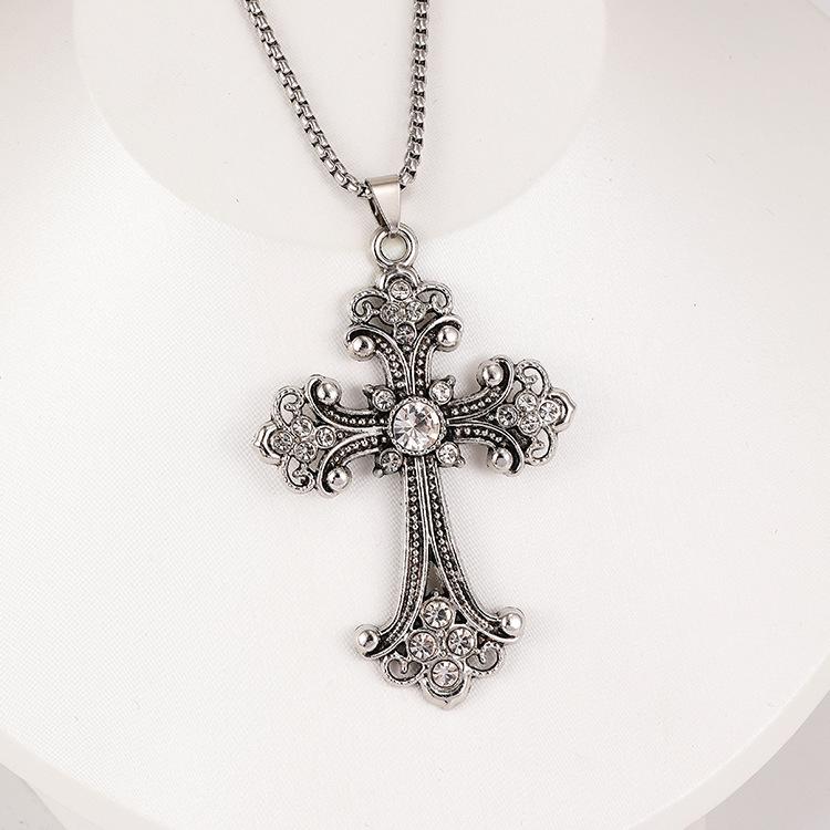 Hip-hop Personality Baroque Sliver Color Stainless Steel Colored Zircon Cross Pendant Necklace for Men Women Zircon Accessories