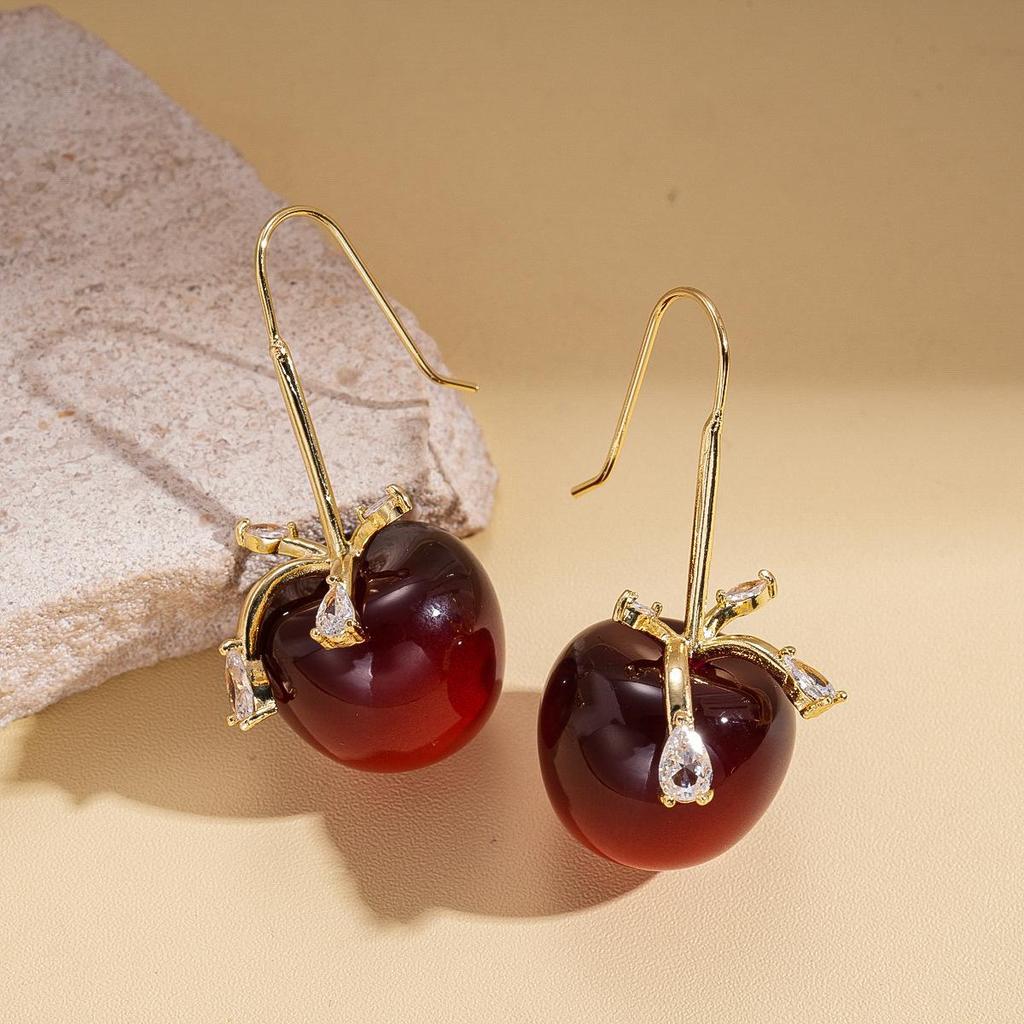 Retro Red Zirconia Pearl Flower Earrings - High-End Hong Kong Style Studs for Women