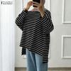 ZANZEA Women Irregular Hem Casual Round Neck Stripe Long Sleeve Blouse