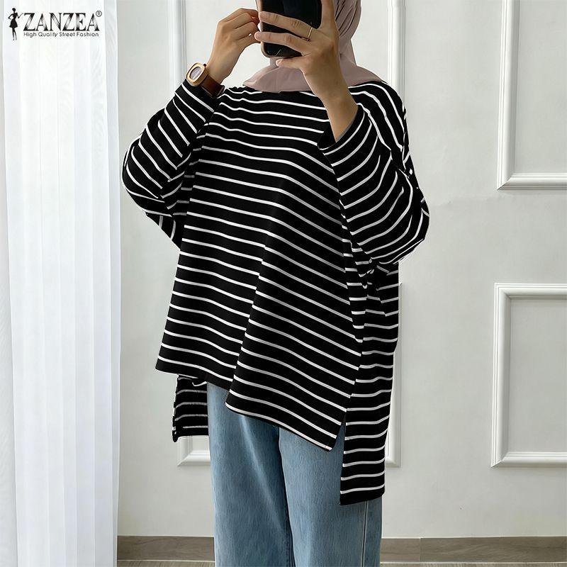 ZANZEA Women Irregular Hem Casual Round Neck Stripe Long Sleeve Blouse
