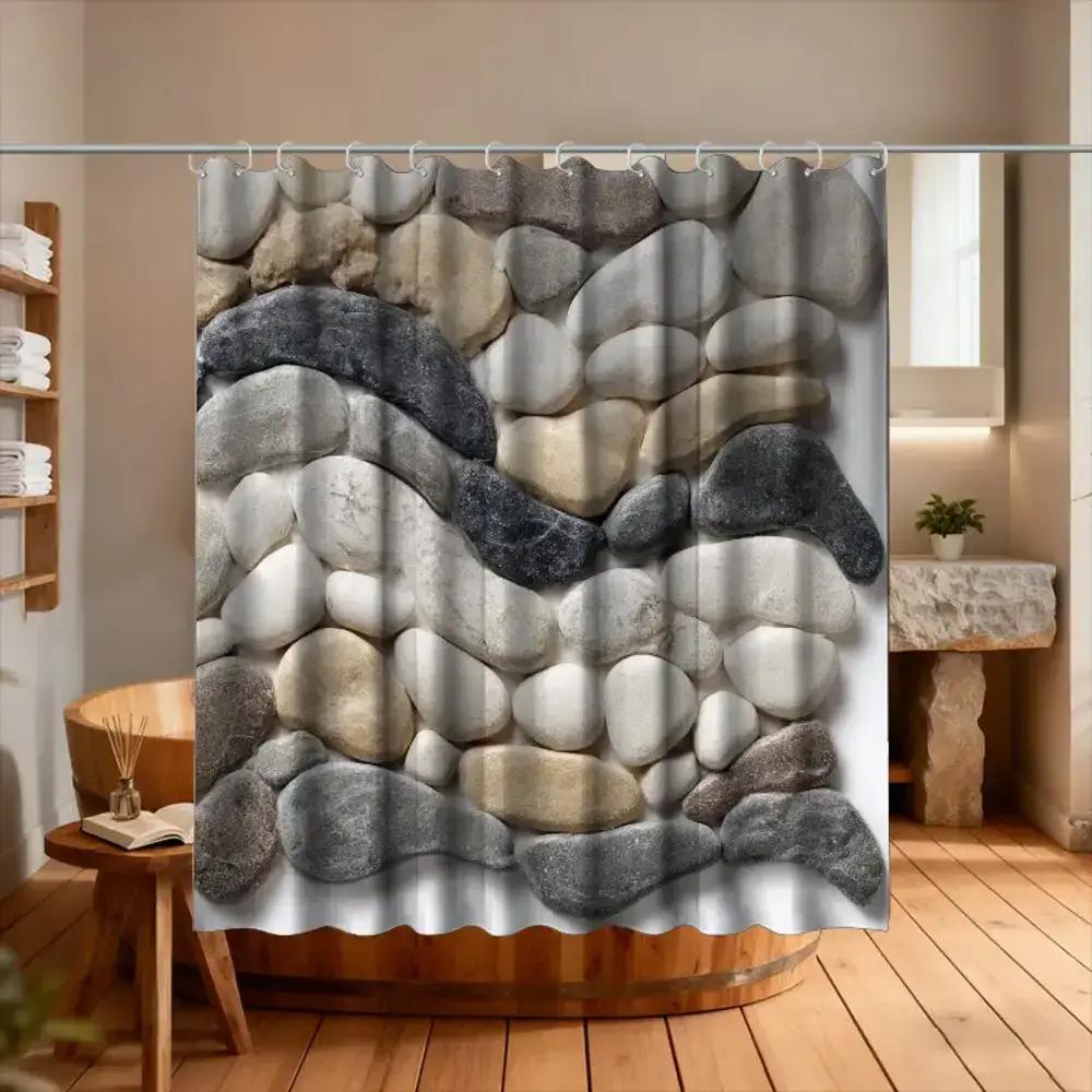 

A Bathroom Shower Curtain Featuring Stone Art And Pebble Designs, Perfect For The Festive Season, Includes 12 Hooks, Measuring 7 W60H190(CM)-1 Pcs
