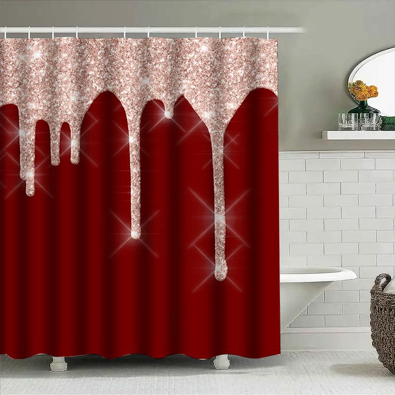 Luxury Shower Curtain Set Waterproof Non-Slip Red Sparkling Glitter Rainy Design For Bathroom Decoration Home Accessory (180X240