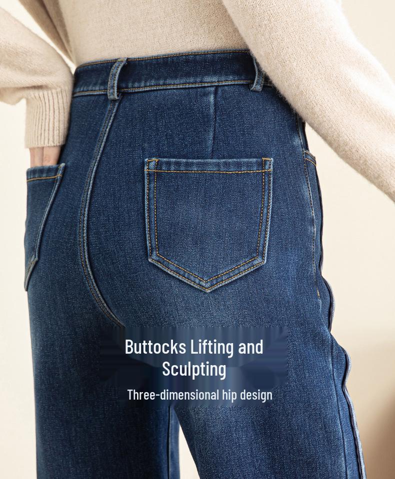 2025 Winter Women's High-Waist Korean Wide-Leg Jeans with Velvet, Warm and Floor-Length
