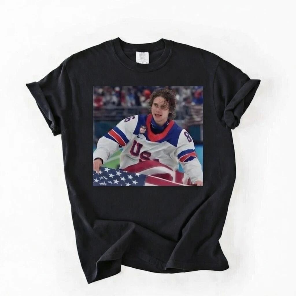 Jack Hughes USA Hockey T-Shirt – American Flag Skate Portrait Tee 2XL