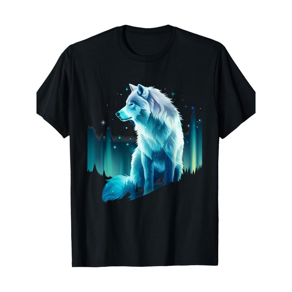 Mystical Aurora Wolf Graphic Tee Unisex Short Sleeve Round Neck Casual Cotton TShirt