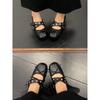 Sheepskin~ Genuine leather French bow flat bottom inner height increase 5cm shallow mouth single shoes women's rivets cross belt Mary Jane shoes