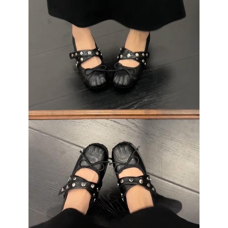 Sheepskin~ Genuine leather French bow flat bottom inner height increase 5cm shallow mouth single shoes women's rivets cross belt Mary Jane shoes