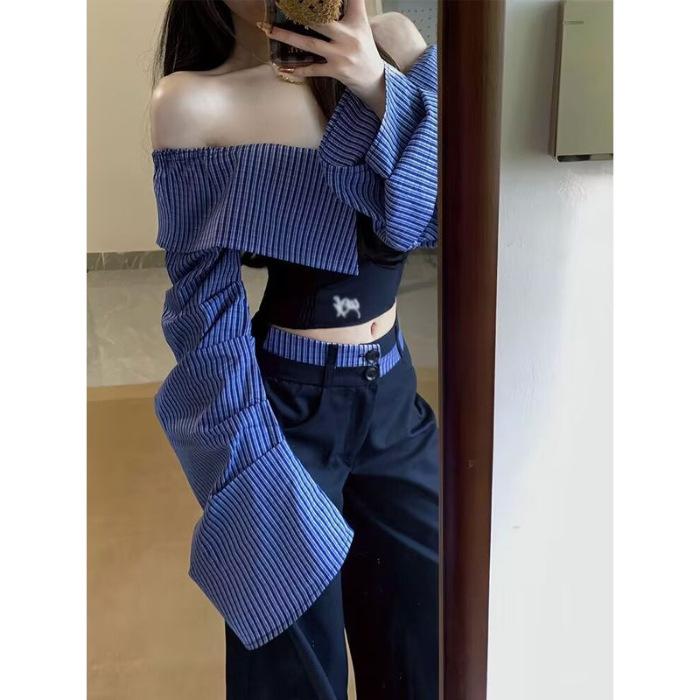 

The new super good-looking one-word shoulder splicing top women s Korean version waist loose and thin casual pants two-piece set S