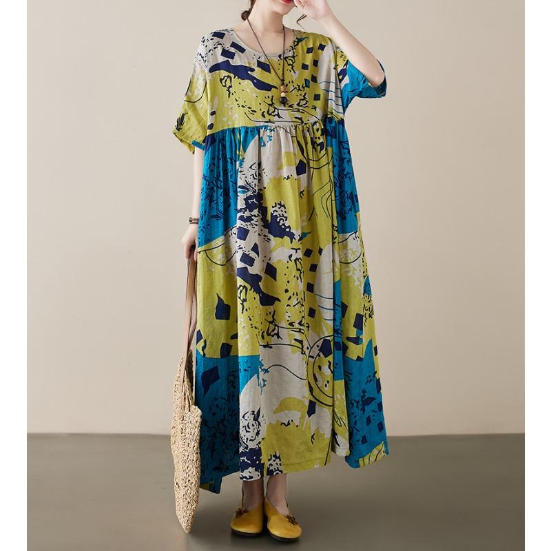 Dimanaf Women Dress Summer Plus Size Beach Sundress Linen Bohemian Print Flowers Fashion Lady Vestidos Loose Casual Long Dress Oversize 9079