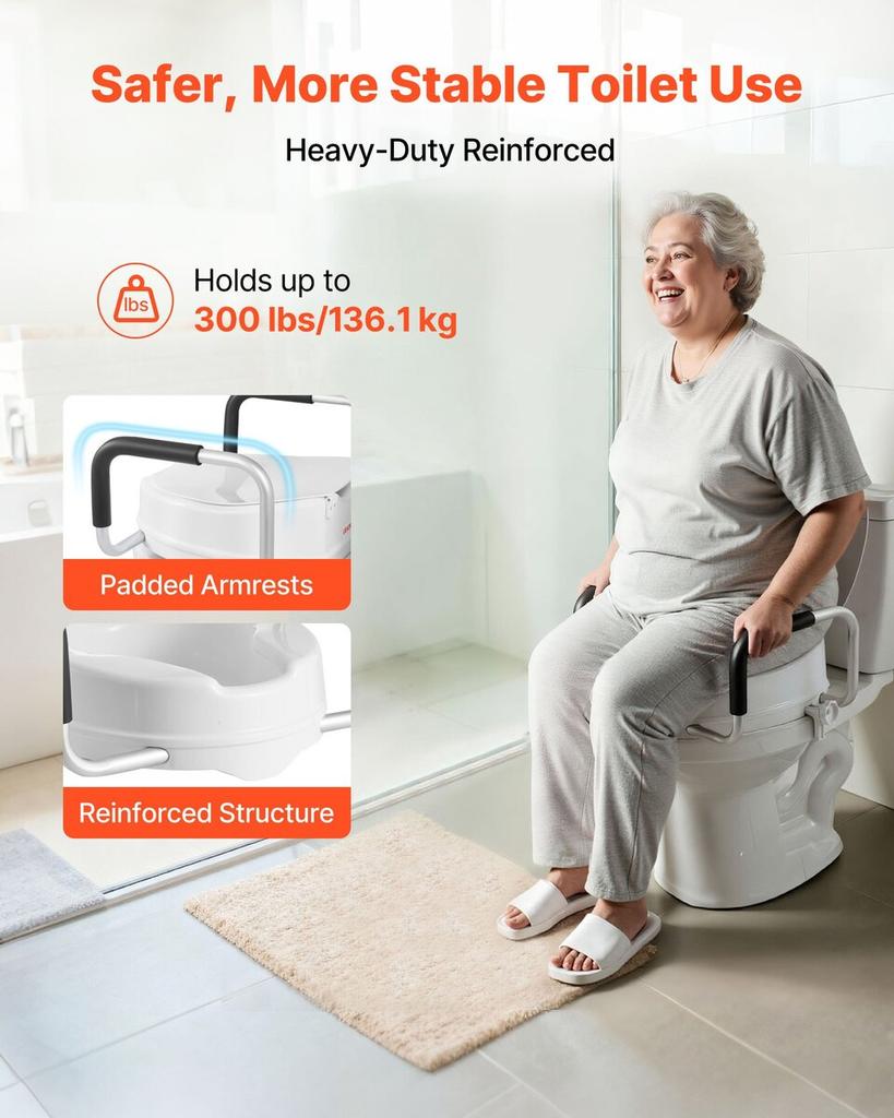 Raised Toilet Seat with Arms, 136.1 kg Load Capacity, 101.6 mm Lift Height, Widened Commode Elevated Toilet Seat Riser with Padded Handles for