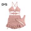 3-teiliges Badeanzug-Set für Damen, einfarbig, Wellenstruktur, sexy, geteilter Bikini mit Kordelzug, Rüschenbesatz, Rock, Schnürung, Strandmode