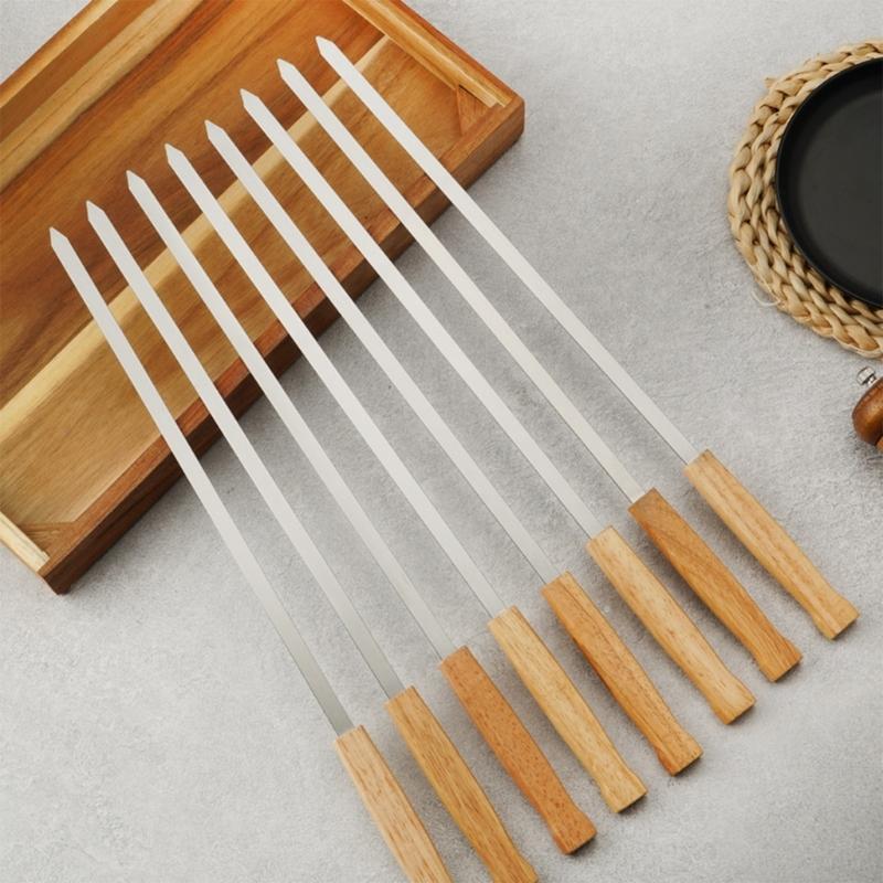 8Pcs Stainless Steels Wide Flat Skewers 17inch Long Kabob Skewers with Wood Handle BBQ Barbecue Skewers Flat Stick
