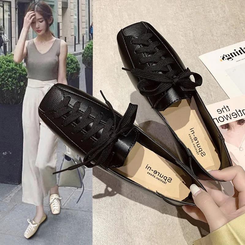 Fashion ZANPACE Casual Square Toe Platform Shoes New Spring Lace-Up PU  Loafers Women Shoes 2025 Soft Flat with Leather Shoes Female