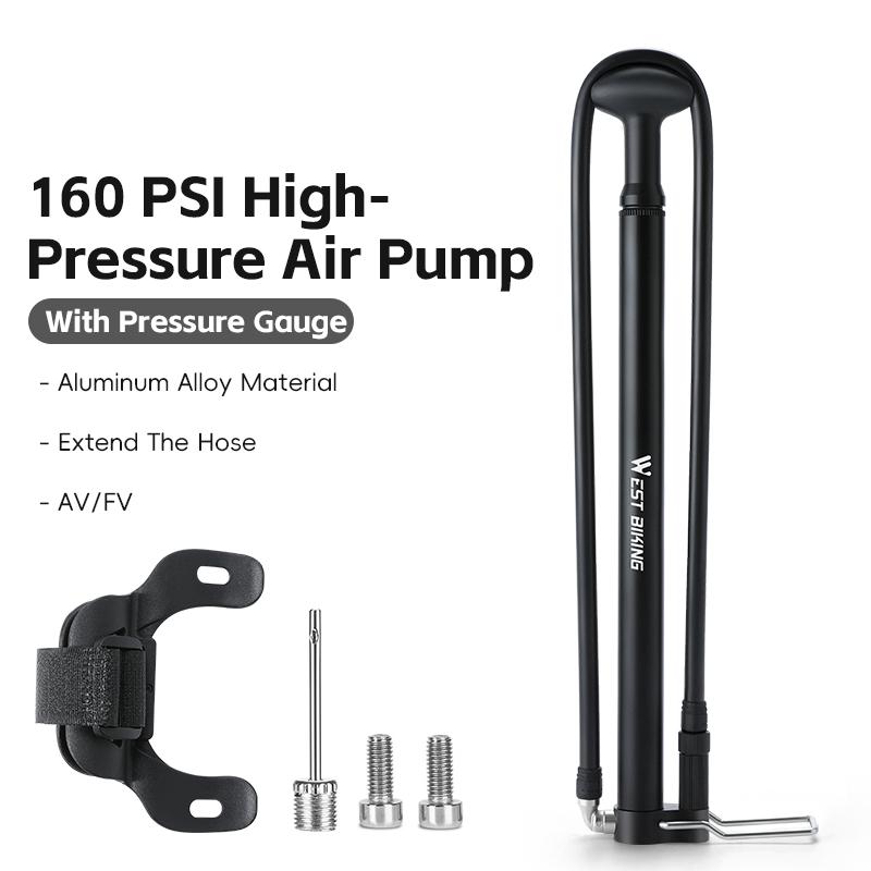 WEST BIKING 160PSI High Pressure Bike Pump Portable with Gauge Aluminum Alloy Compact Floor Pump for MTB Road Bikes AV FV 160PSI Classic