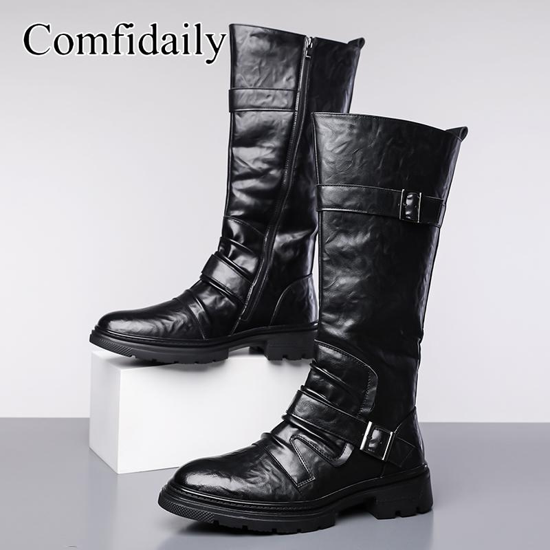 Stivali da Motociclista da Uomo Stivali Western Stivali da Jockey Neri Stile Streetwear Casuale Stivali Alti Cool Taglie Forti