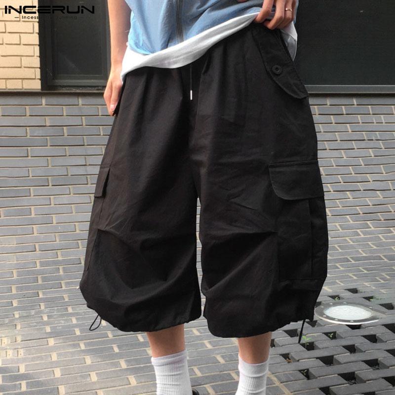 INCERUN Men Drawstring Elastic Waist Ruffled Casual Vintage Cargo Capri Pants with Pockets