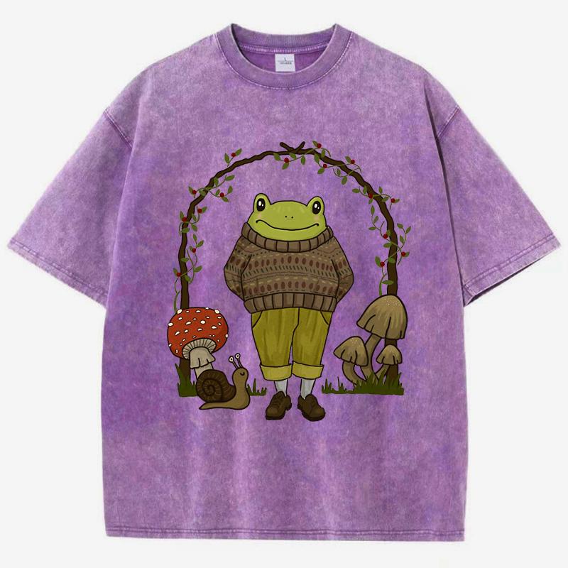 Vintage Frog Mushroom Print Woman Washed T-Shirts Breathable Cotton T-Shirt Casual Short Sleeve Summer Oversized