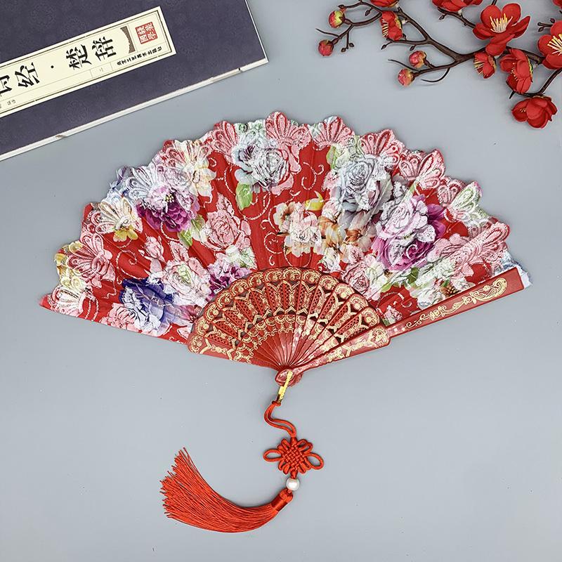 1PC Silk Fan Decoration Fans Floral Pattern Dance Tassel Vintage Folding Fan Hand Fan