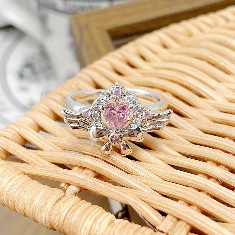 Sweet Full Diamond Pink Love Zir*****Pen Ring Color Treasure Niche Light Luxury High Sense Stacking Wearing Personalized Ring Woman