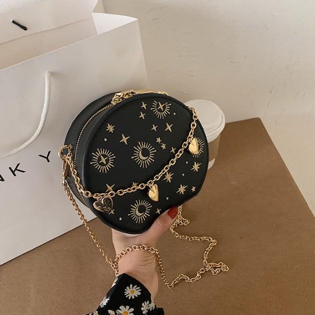 Vintage embroidered small round bag, star moon personality, portable love chain, handbag, women's bag, shoulder messenger bag.